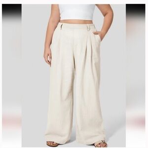 High Waisted Pocket Wide Leg Flowy Solid Palazzo Casual Linen-Feel Pants